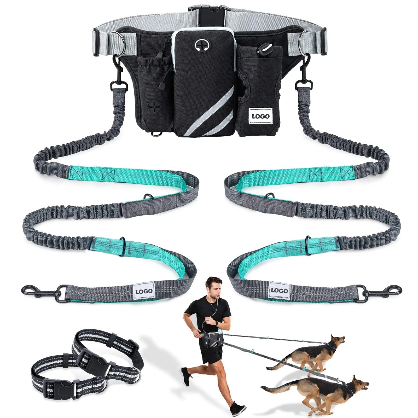 Black nylon dog walking waist bag with matching leash and collar set for outdoor training