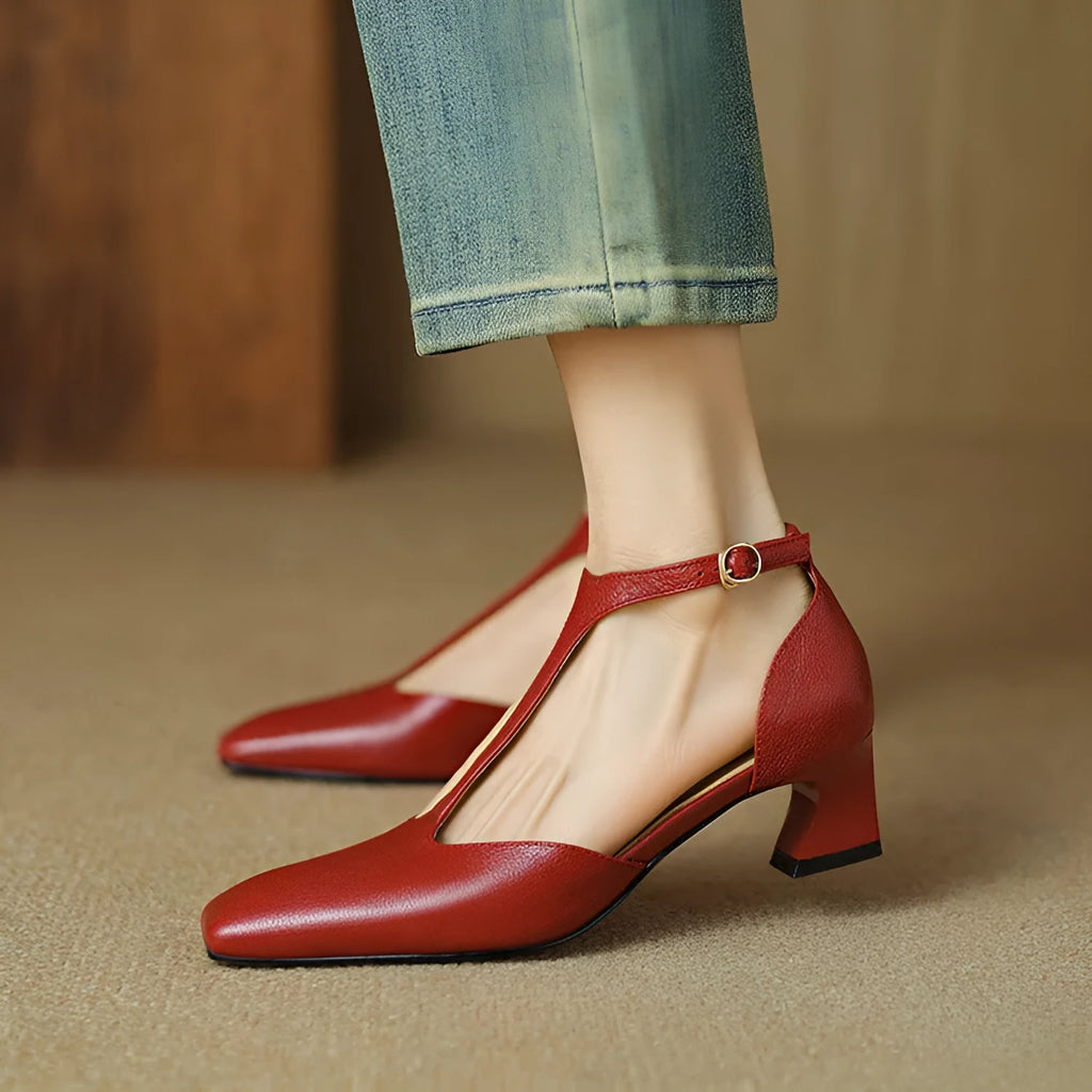 Wine red retro women's shoes with square toe, chunky heel, and buckle strap on sheepskin leather upper.
