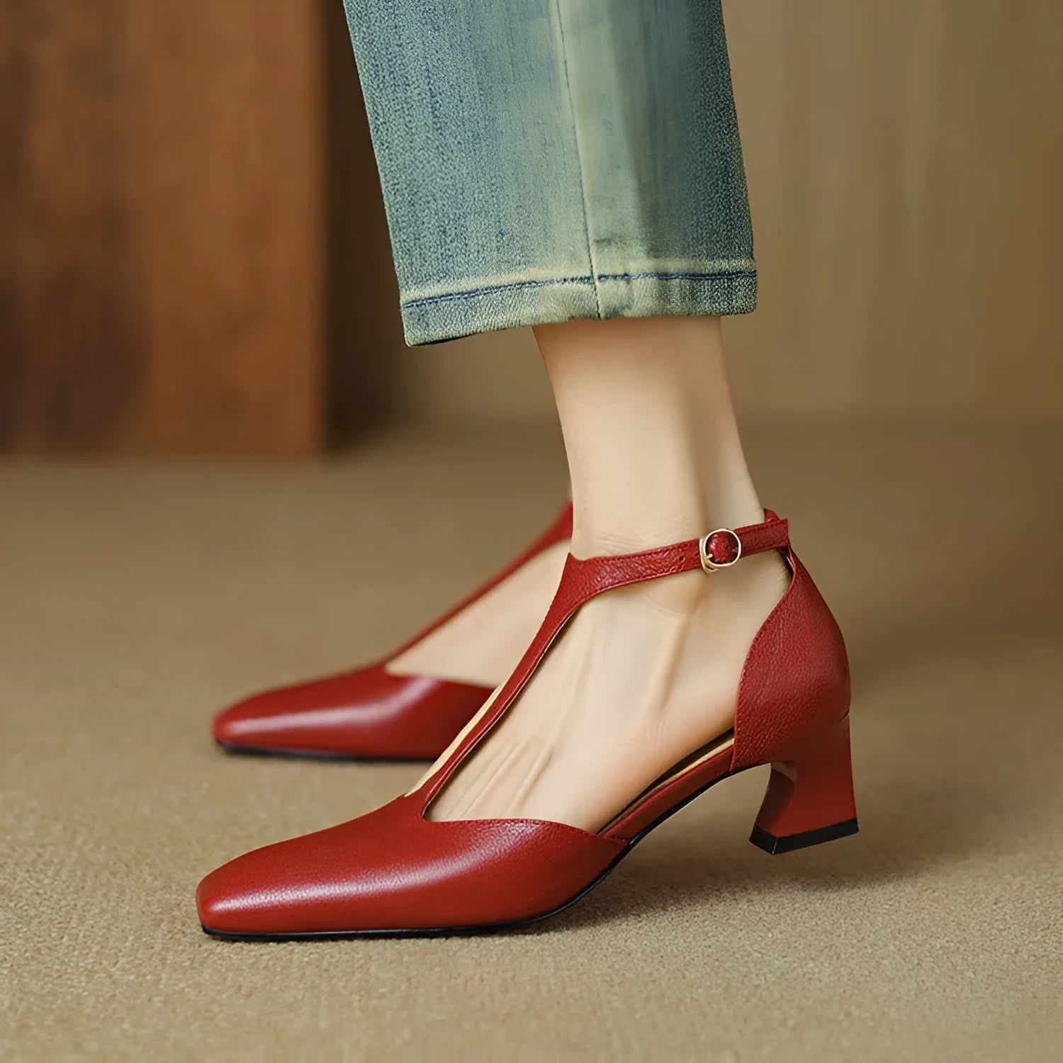 Wine red retro women's shoes with square toe, chunky heel, and buckle strap on sheepskin leather upper.