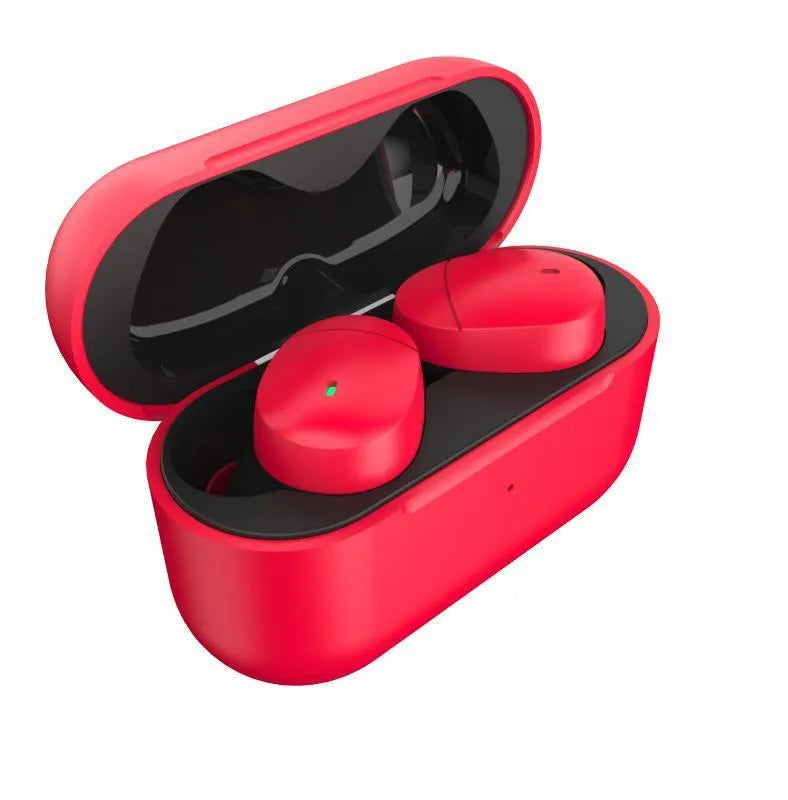 Flame red Qualcomm TWS 3040 true wireless Bluetooth earphones with charging cable.