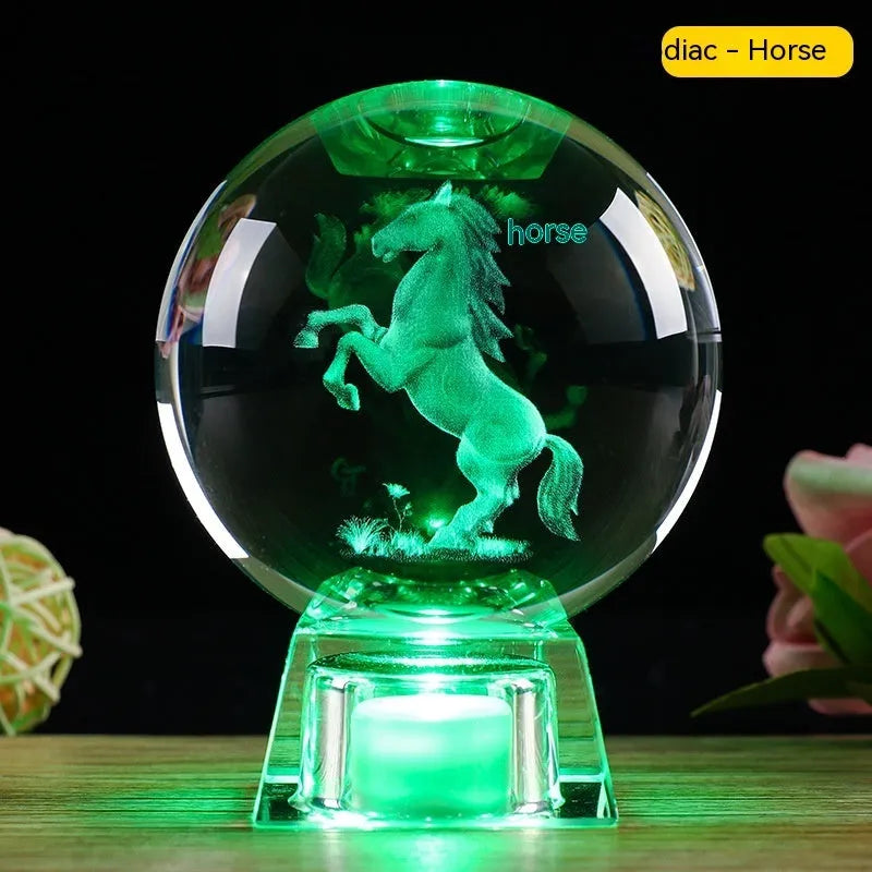 White crystal ball lamp with Chinese zodiac animal figurine on LED electronic base
