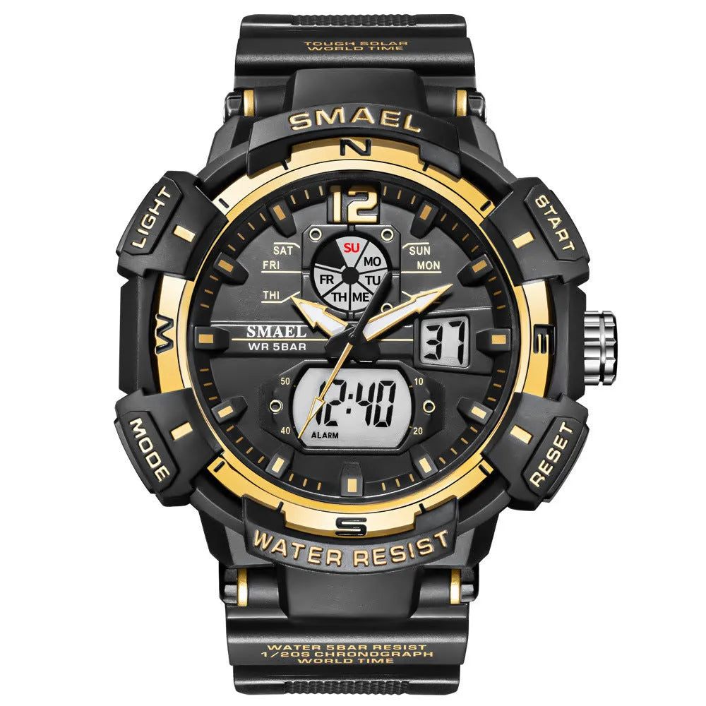Shockproof electronic watch with round 50mm and above dial, organic glass mirror, PU strap, plastic case
