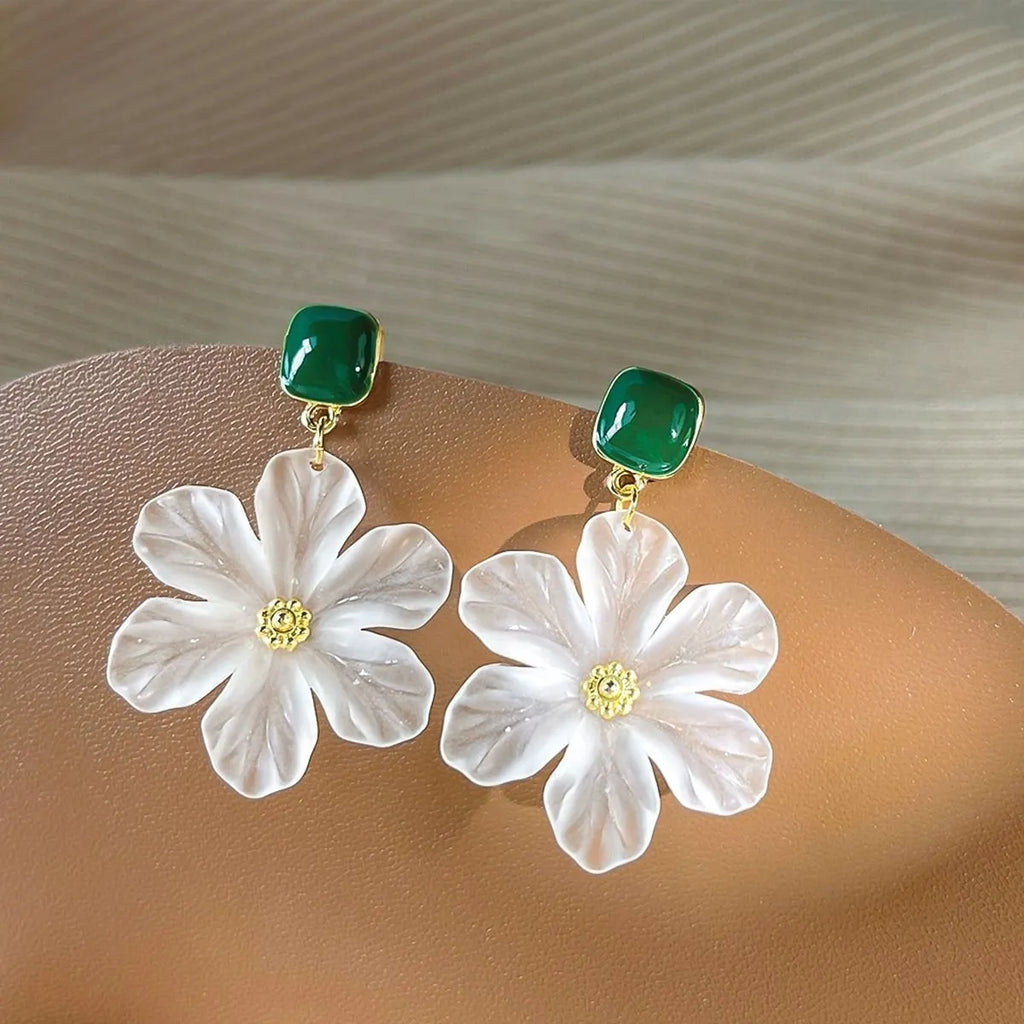 Dark green alloy earrings with sterling silver finish and sweet flower needle design
