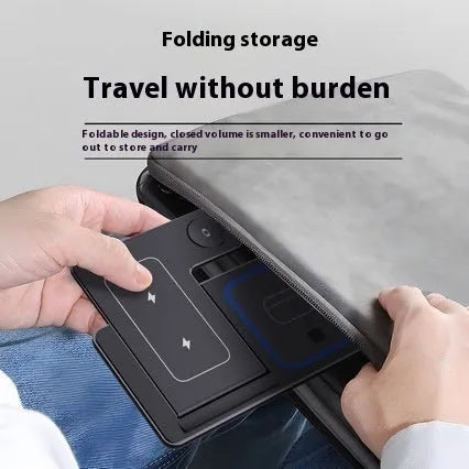 15W 3 in 1 foldable wireless charger stand in white or black with Type-C and dual coil, for phone, iWatch and AirPods Pro.