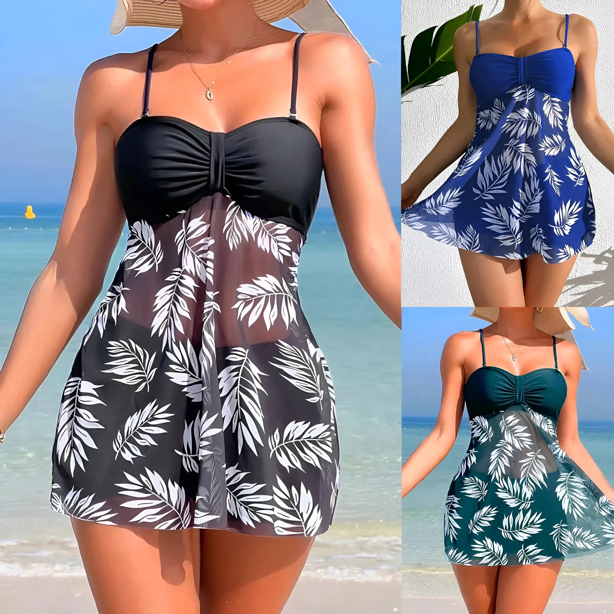 Women's high-waist mesh swim boxers in black, blue, and peacock green.