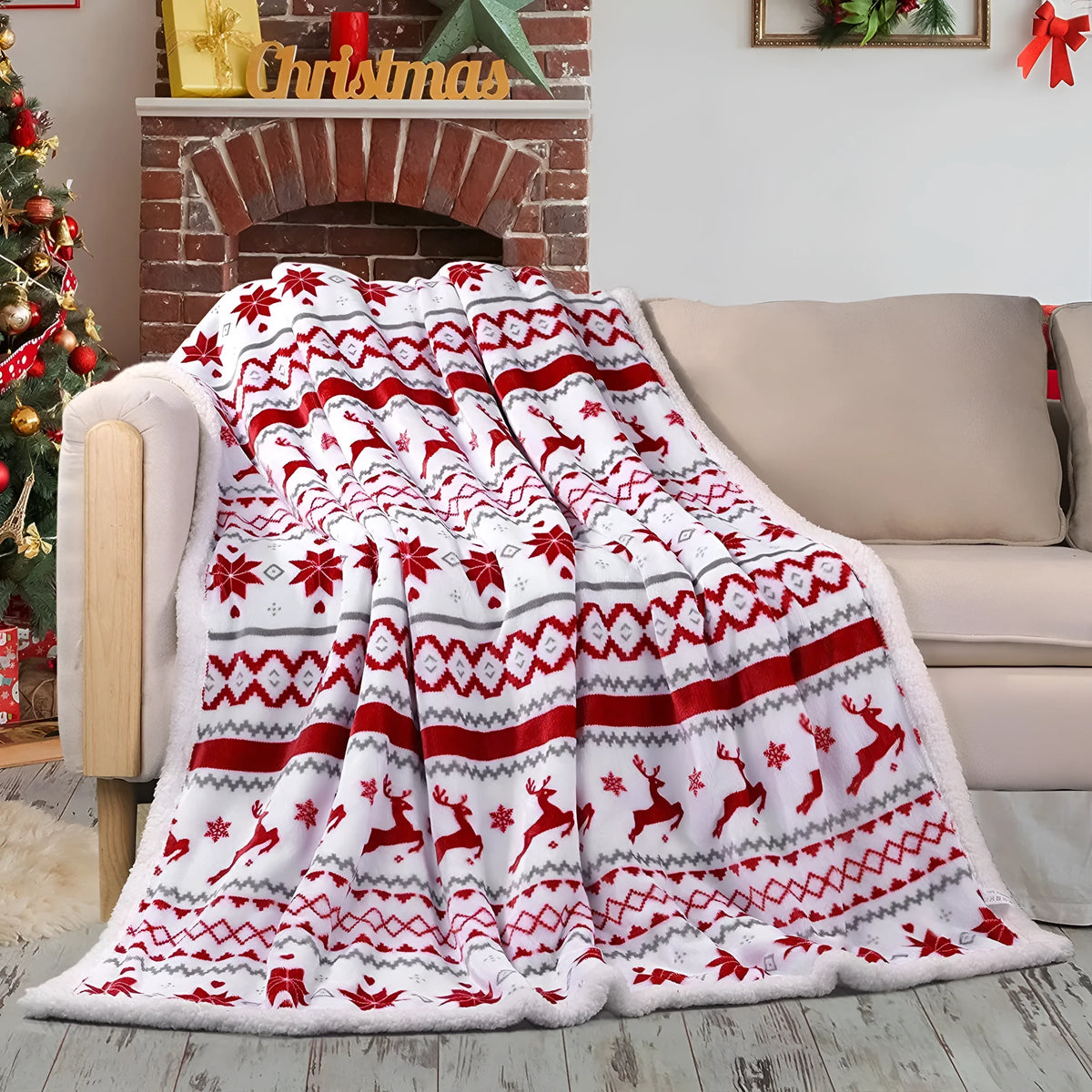 Flannel sherpa blanket in elk double white with cartoon anime pattern, shown in 152x127cm and 150x200cm sizes