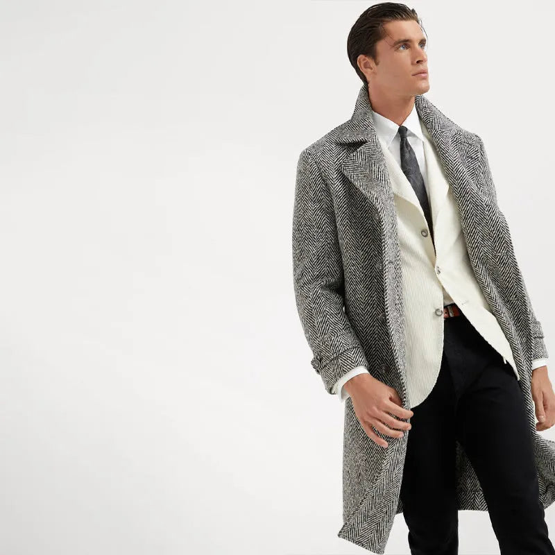 Men's mid-length double-breasted woolen overcoat in light gray with suit collar and placket front