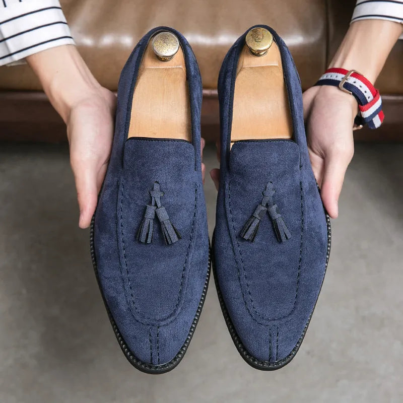 Men's suede matte fashion leather shoes in purple or blue with flat heel and plastic sole, sizes 38-48