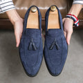 Men's suede matte fashion leather shoes in purple or blue with flat heel and plastic sole, sizes 38-48
