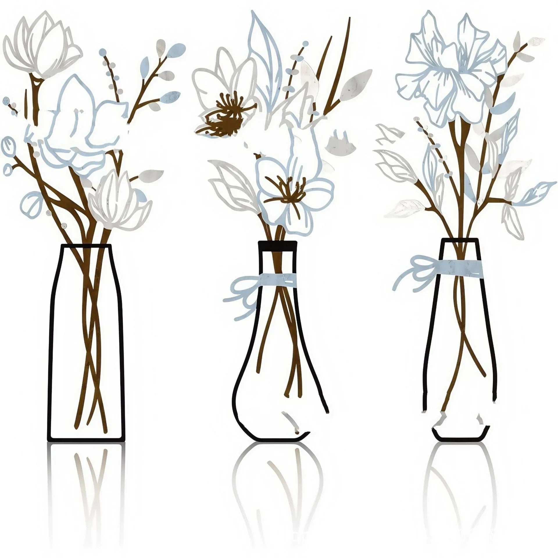 Set of three metal flower wall art pieces with colour vase accents on a white wall.