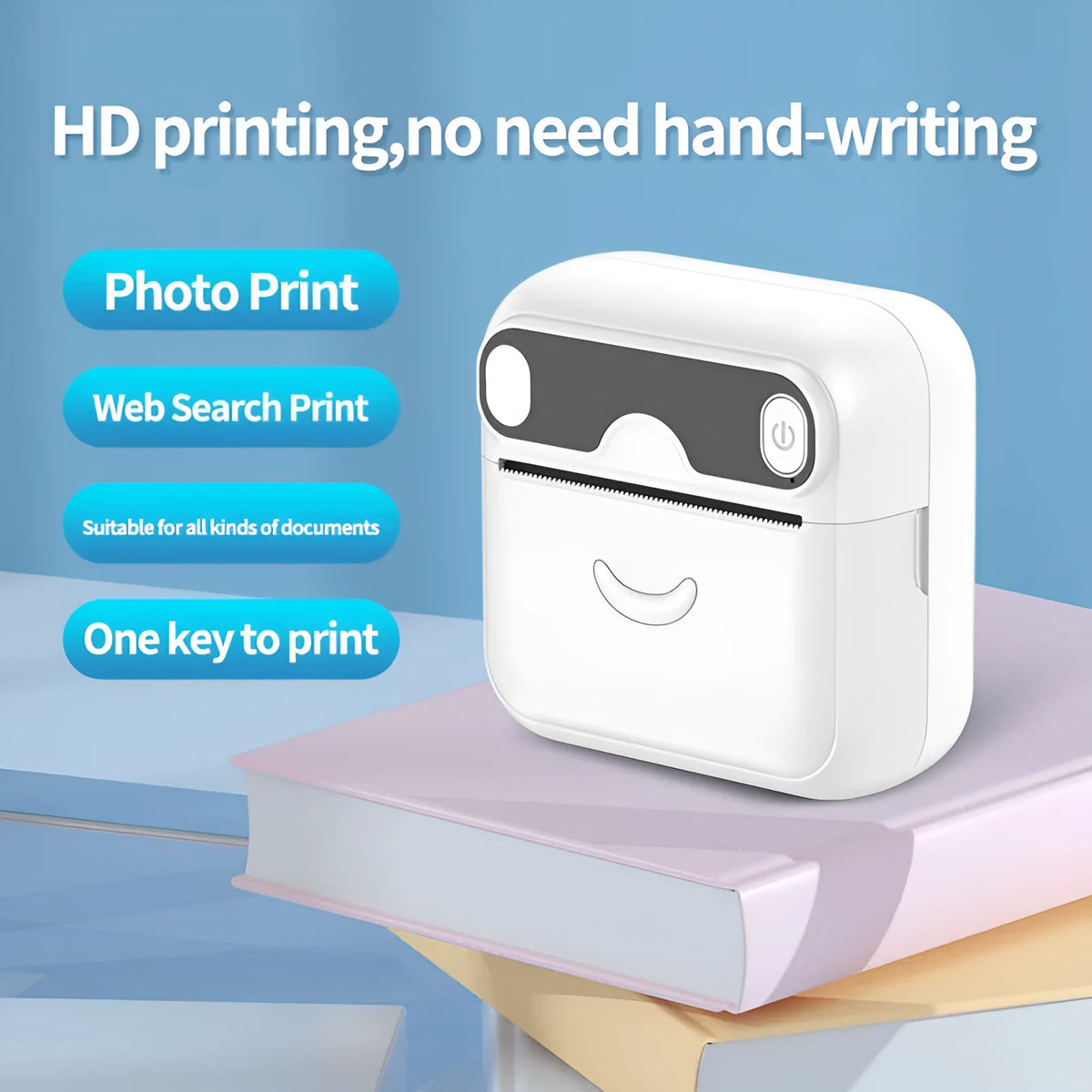 Portable Bluetooth thermal printer with 57x30mm paper rolls and 1000mAh battery, 85x54x8.44mm body