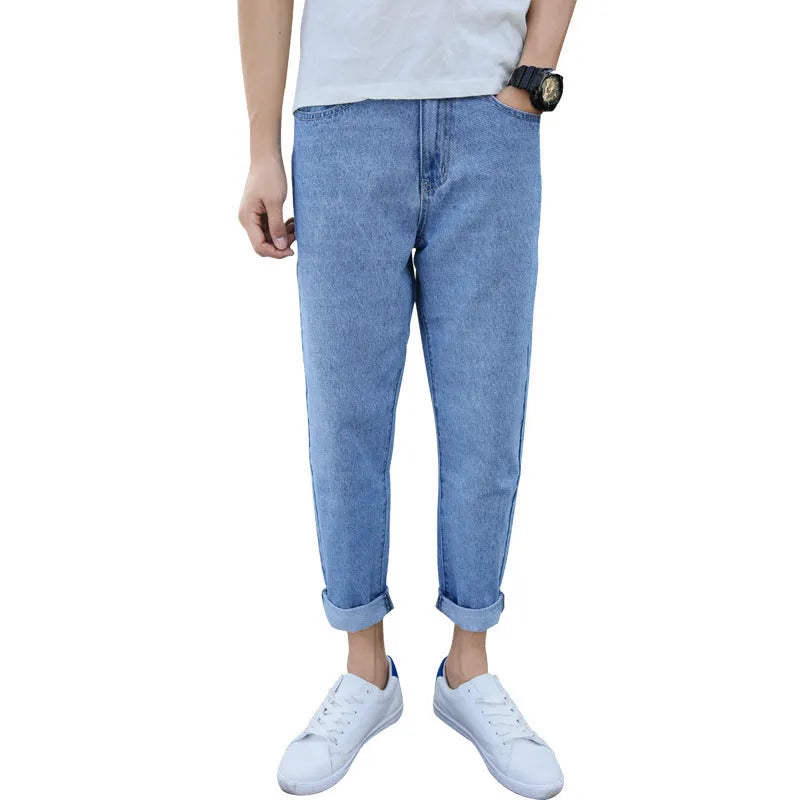 Men's loose straight light leg jeans in black and blue colours on a size chart
