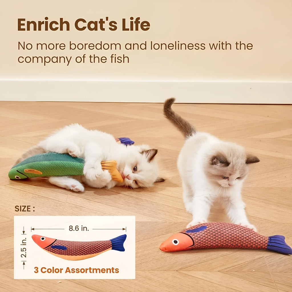 Saury fish shaped cat toy with organic catnip filling and crinkle sounds in green colour
