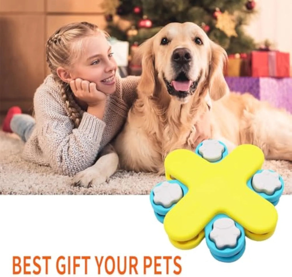 Yellow dog puzzle feeder toy with three-layer rotating lid and anti-slip rubber pads on base.