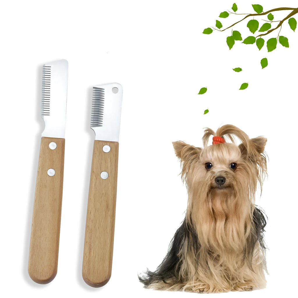 Wooden handle pet stripping comb for grooming dogs and cats, shown in two size options.