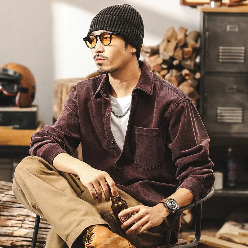 Men's retro corduroy shirt jacket in loose fit available in red and black colours
