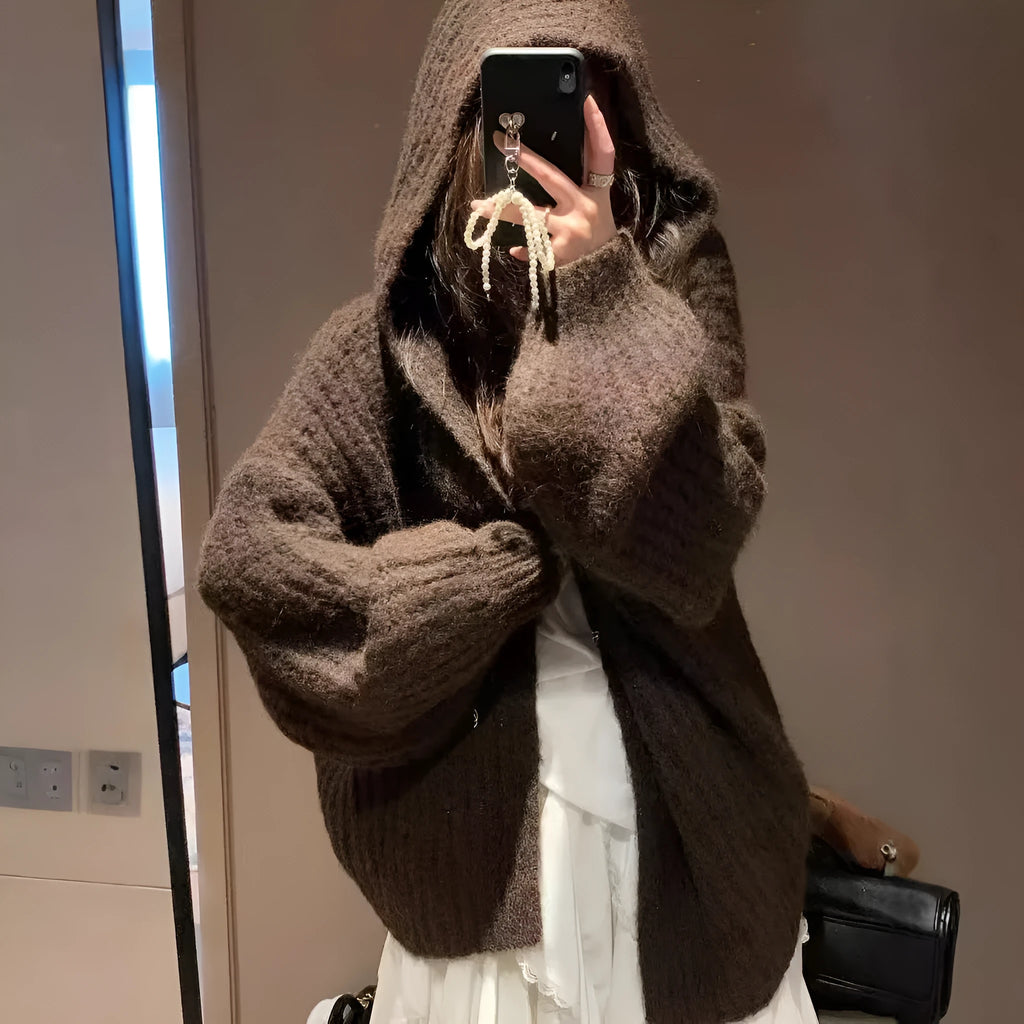Women's thick hooded cardigan in loose fit, shown in dark grey, brown, and milky white solid colours.
