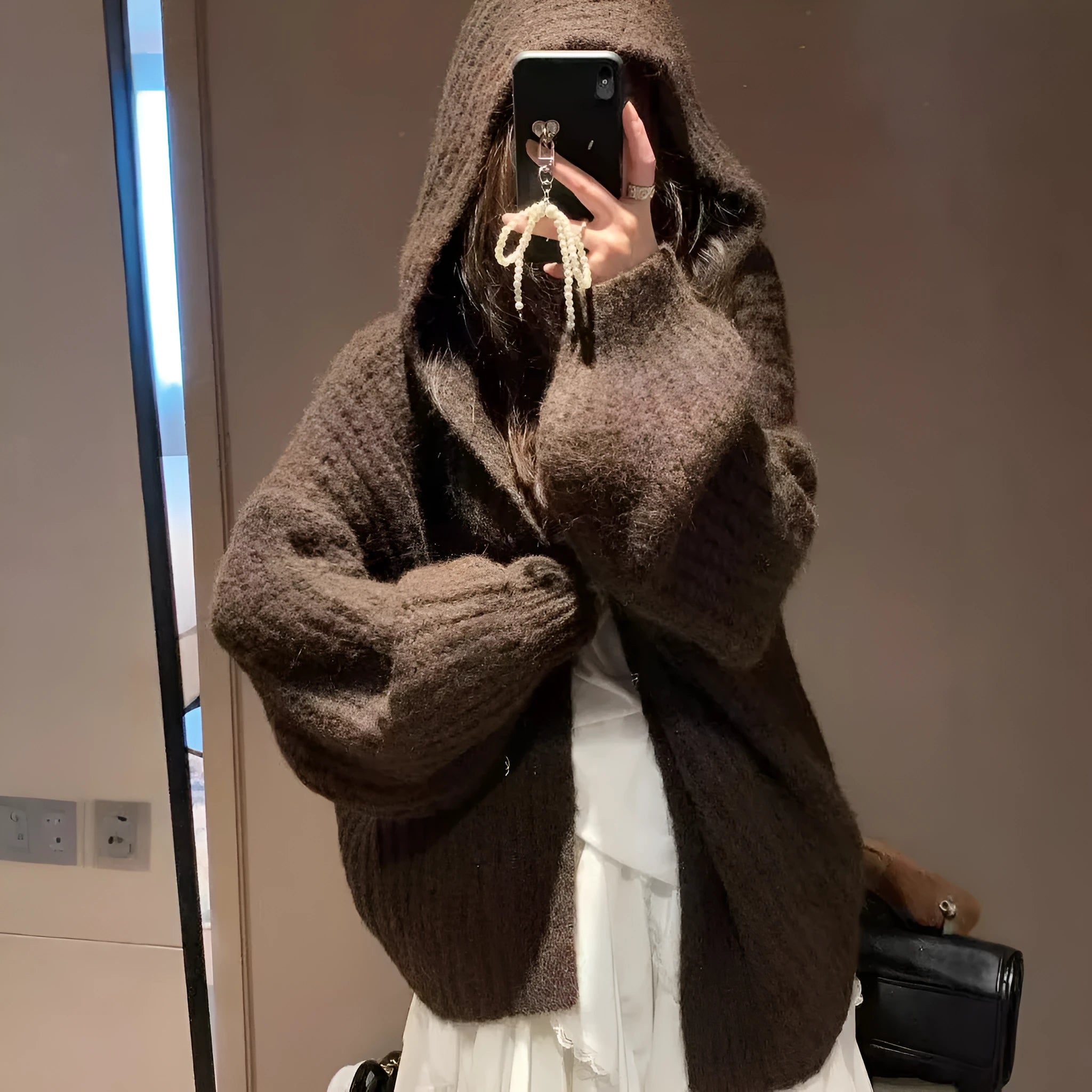 Women's thick hooded cardigan in loose fit, shown in dark grey, brown, and milky white solid colours.