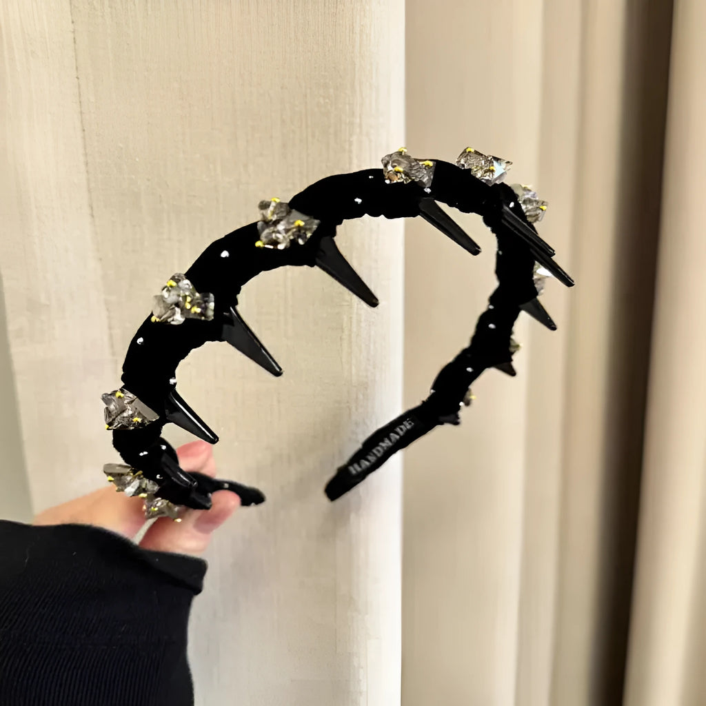 French velvet hairband with crystal wave pressing in wine red, non-slip high head design