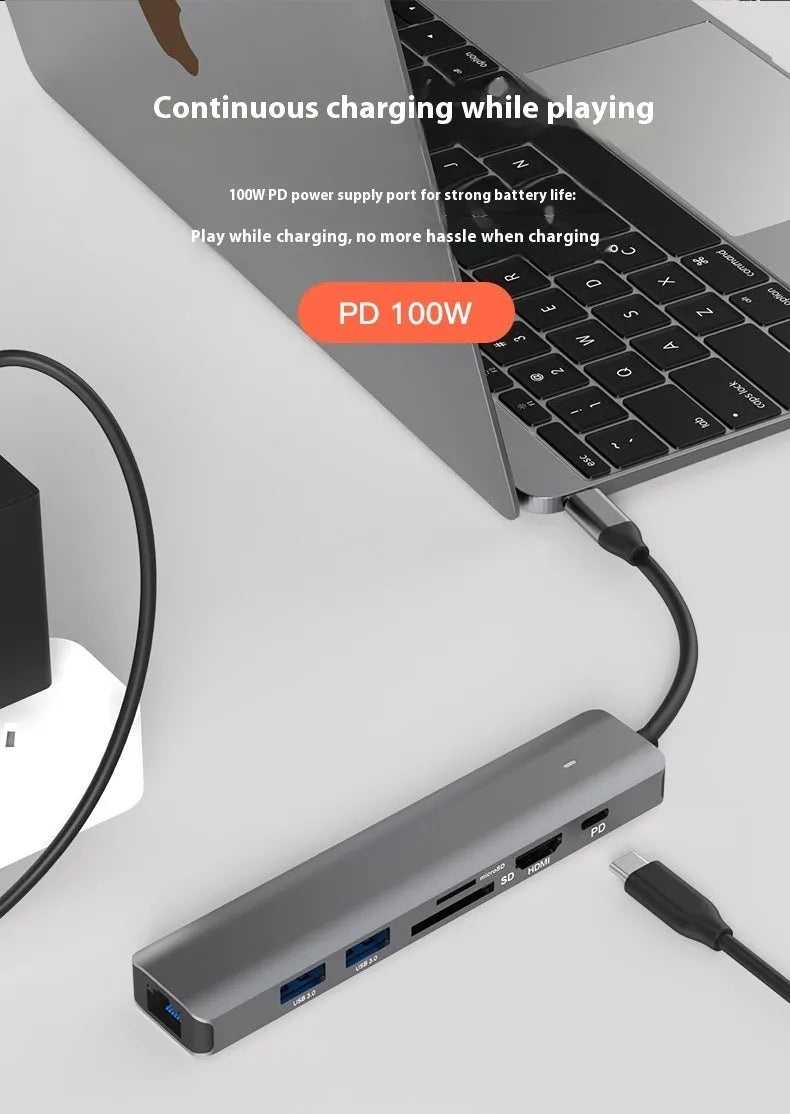 LQT-LH07 model 7-in-1 silver USB C hub showing USB-C plug, PD port, USB-A ports, and SD and microSD card slots.