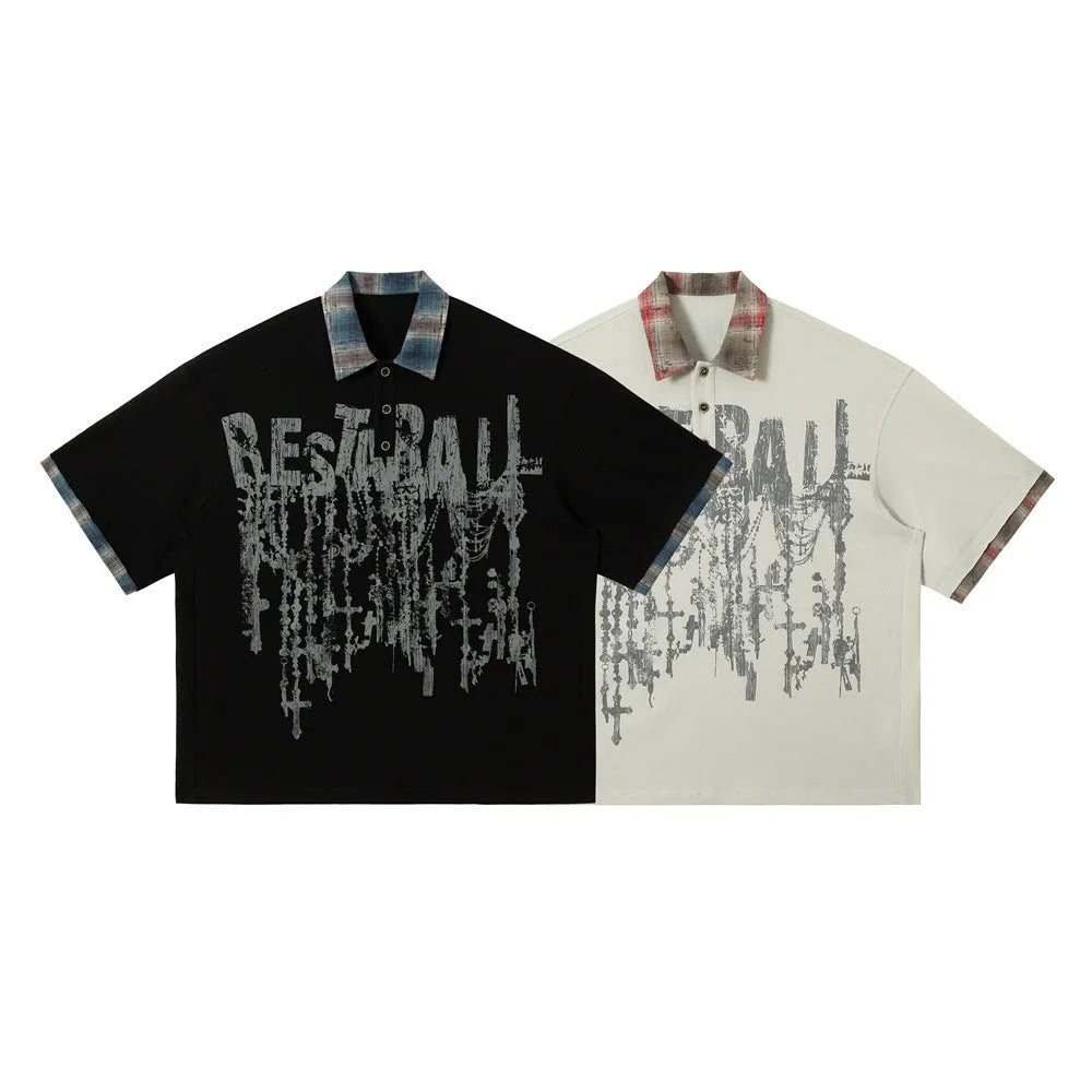 Men's loose asymmetric short-sleeved top with graffiti print on lapel in blue or red.