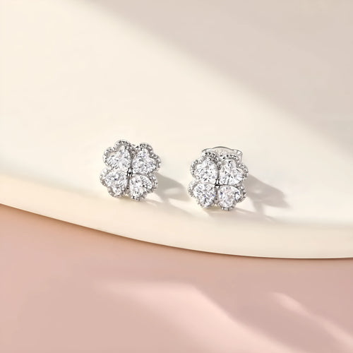925 silver heart-shaped earrings with four-leaf clover design and zircon stones