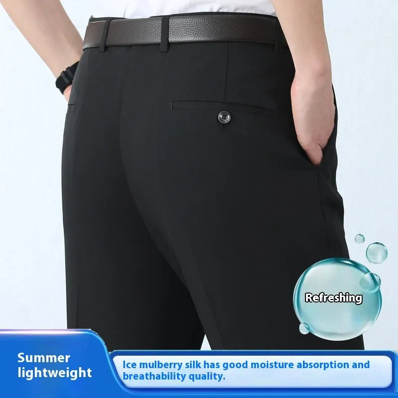 Men's mulberry silk blend straight cut business trousers in black with high waist design