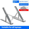 Silver aluminium alloy folding laptop stand open and closed next to a laptop
