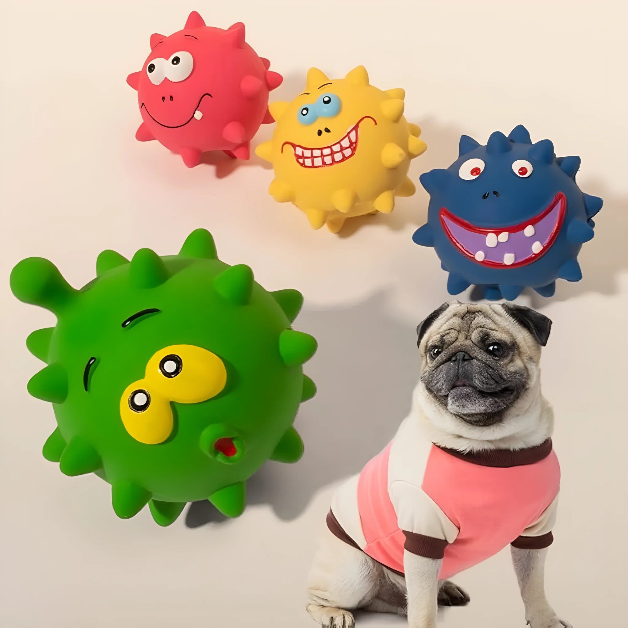 Set of four colourful squeaky dog balls with cute animal faces on a white background.