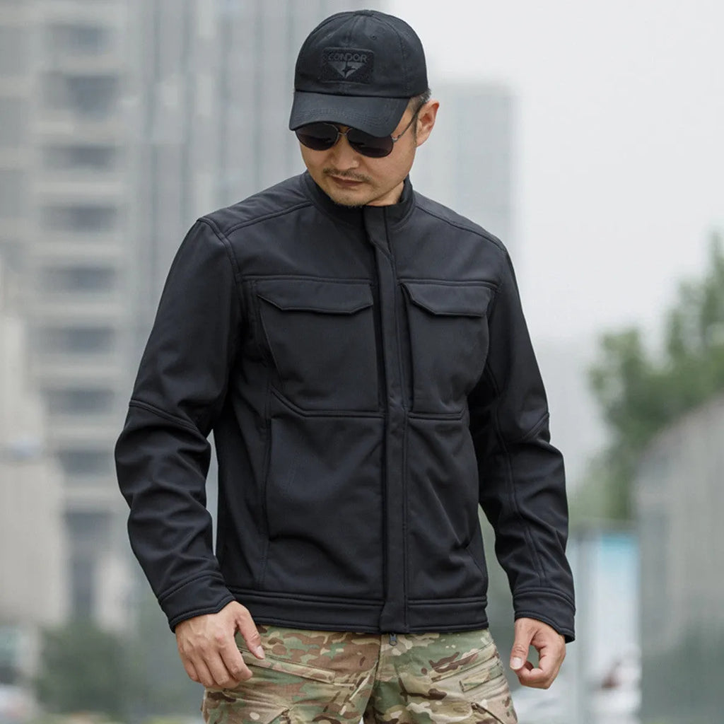 A black soft shell jacket for mountaineering and camping, shown in a cardigan style.