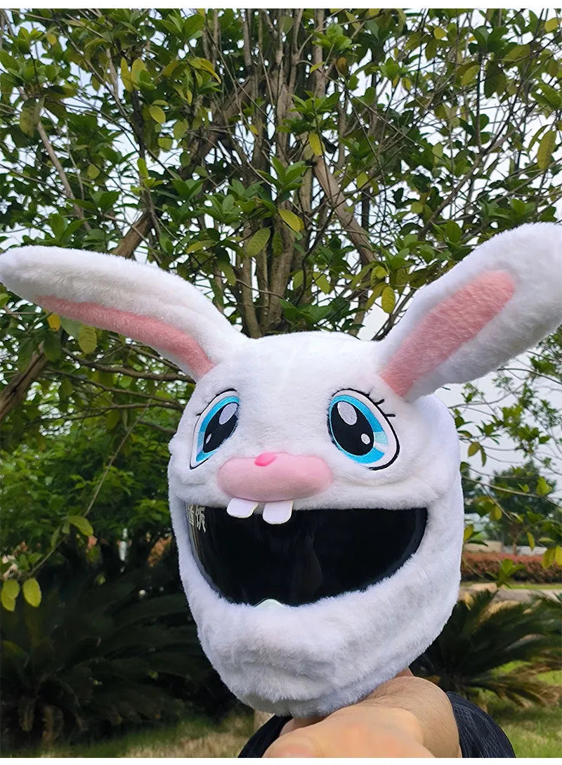 White decorative rabbit head helmet cover for electric motorcycles with warm plush PP cotton construction