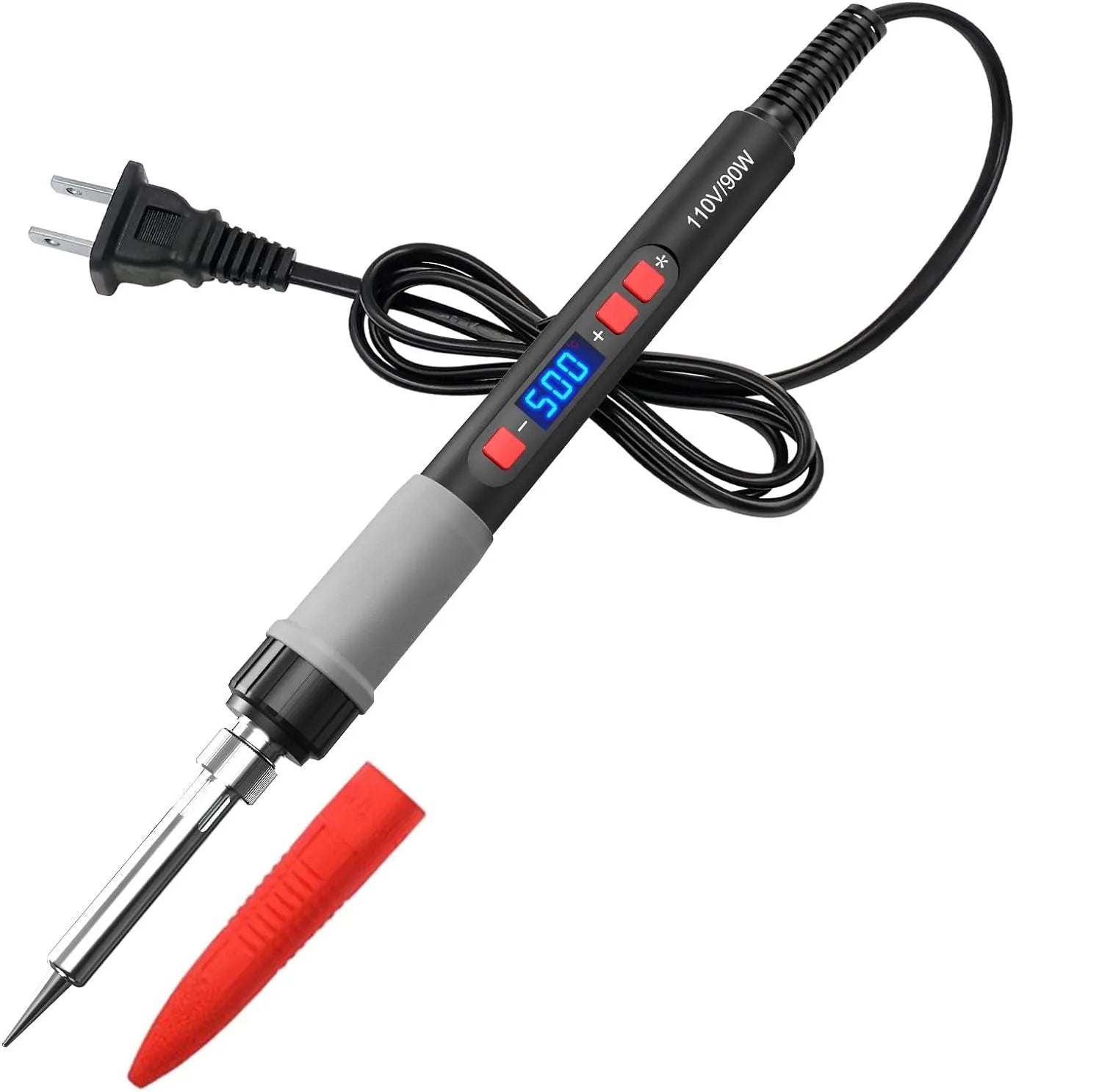 Grey 90W electric soldering iron with ceramic heating core, five soldering tips, and tin wire for household repairs