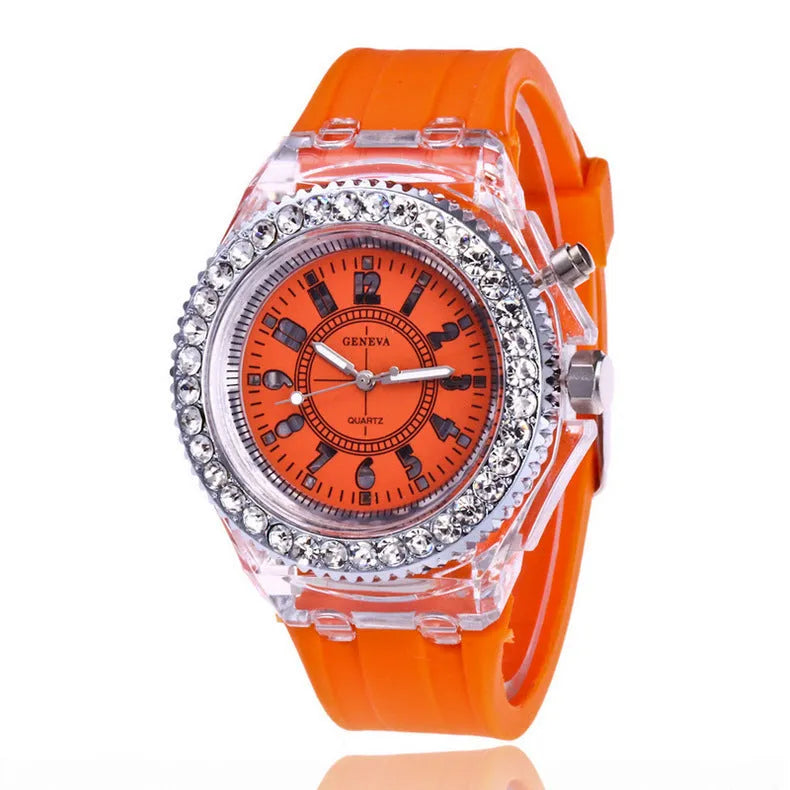 Geneva women's LED luminous quartz watch with silicone strap and round 43mm dial