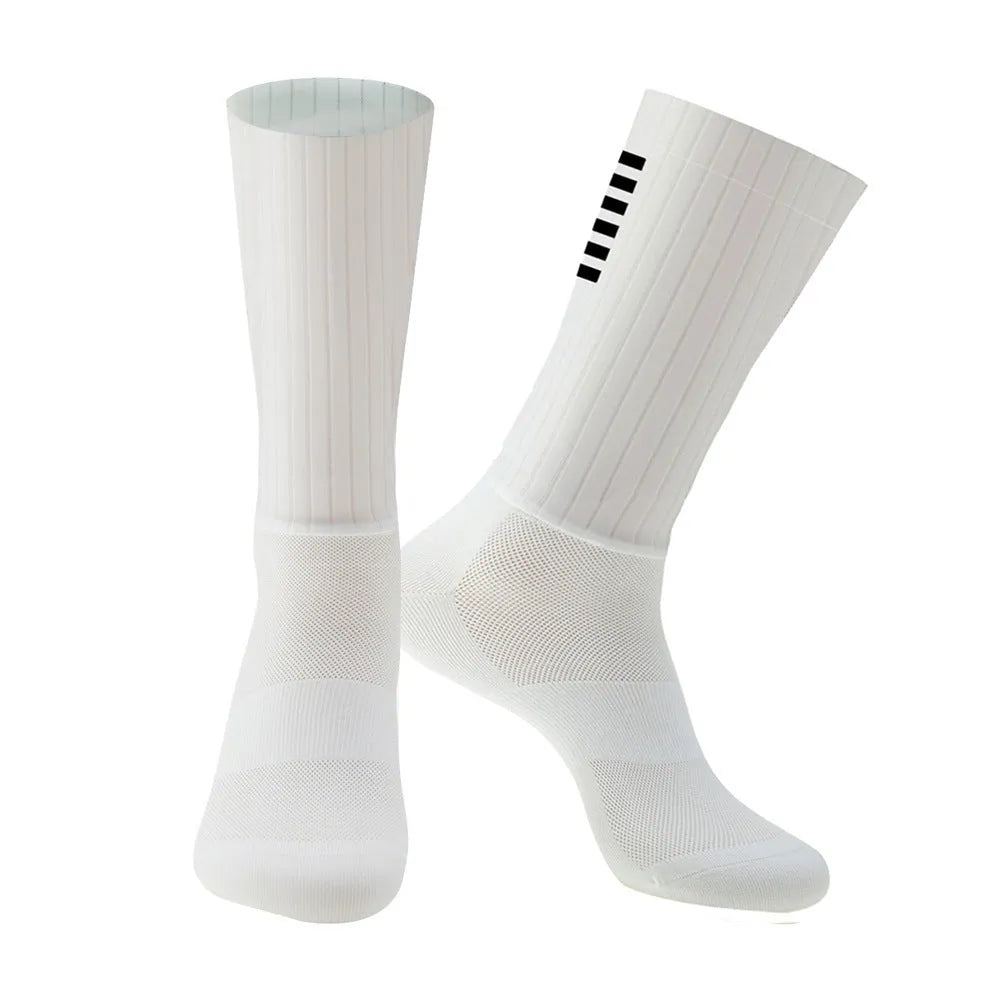 Adult unisex cycling and running socks in orange, black, purple, white, grey, and dark blue colours