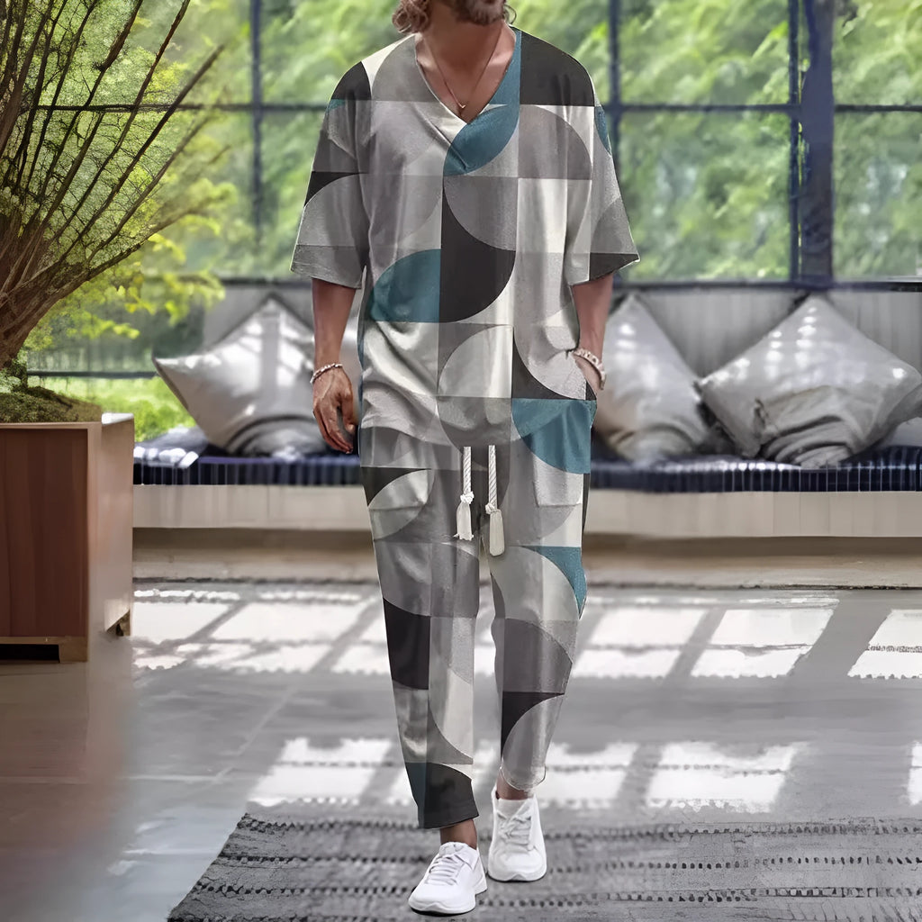 Light grey V-neck cropped sleeve trousers suit on a hanger, showing the two-piece set.