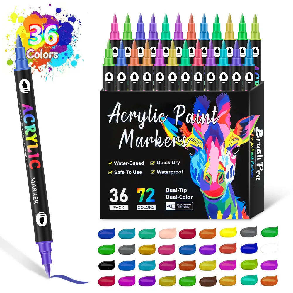Set of double-headed acrylic marker pens showing fine and broad tips, in assorted opaque colours.