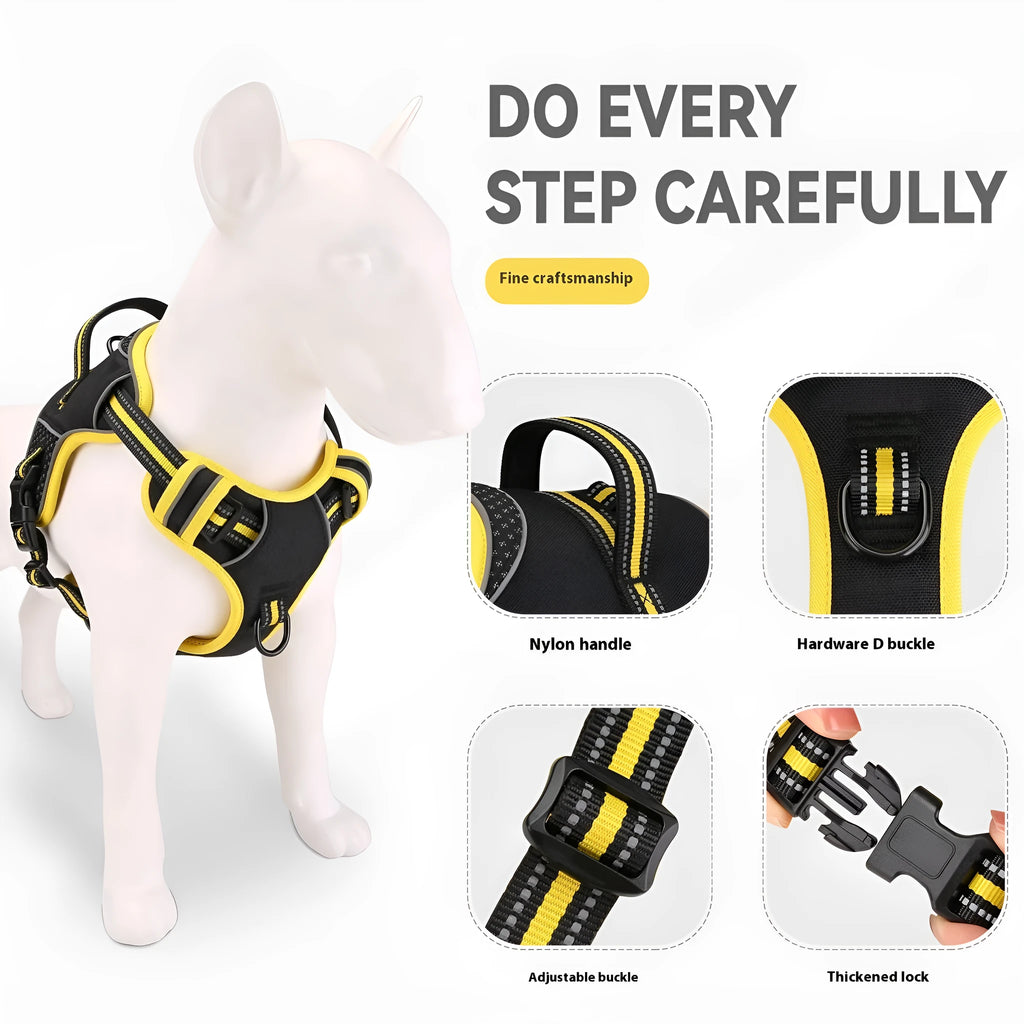 Yellow and orange polyester dog harness with traction strap for outdoor training control