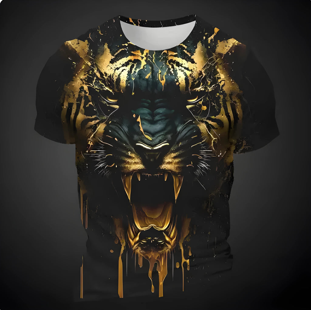Men's grey T-shirt with a detailed 3D tiger head graphic printed on the front.