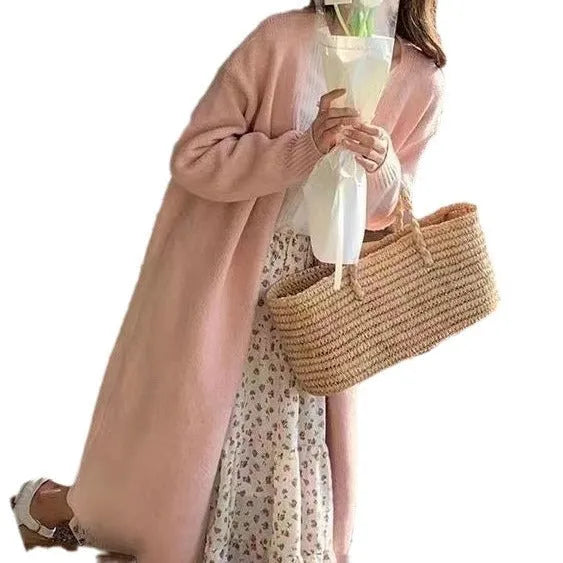 Women's khaki mid-length knitted cardigan with V-neck and long sleeves laid flat.