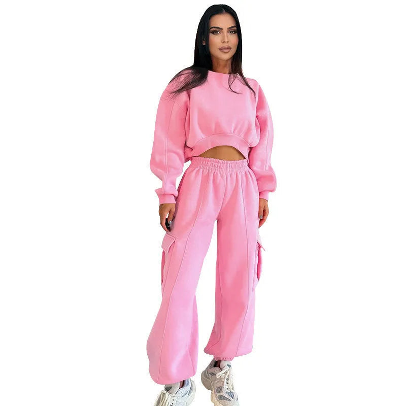 Women's two-piece sweatshirt and sweatpants set with pockets, high waist, loose fit, available in five colours