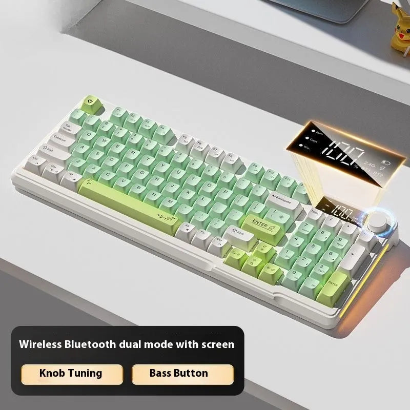 Blue and white wireless mechanical-feel keyboard and mouse set on a wooden desk