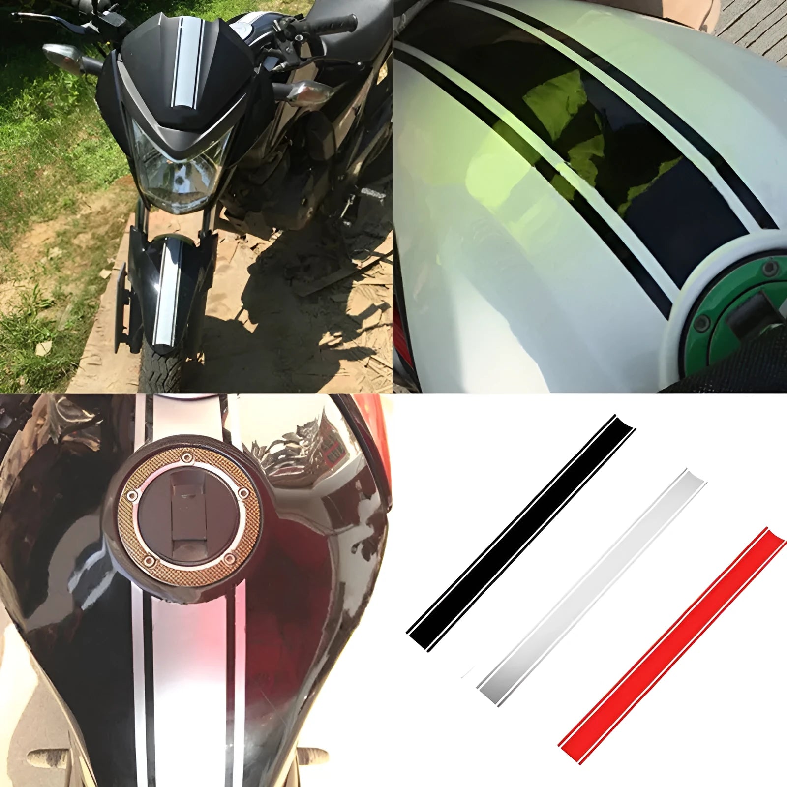 Motorcycle gas tank sticker with pinstripes measuring 50 by 4.5 cm in black, red, silver, yellow