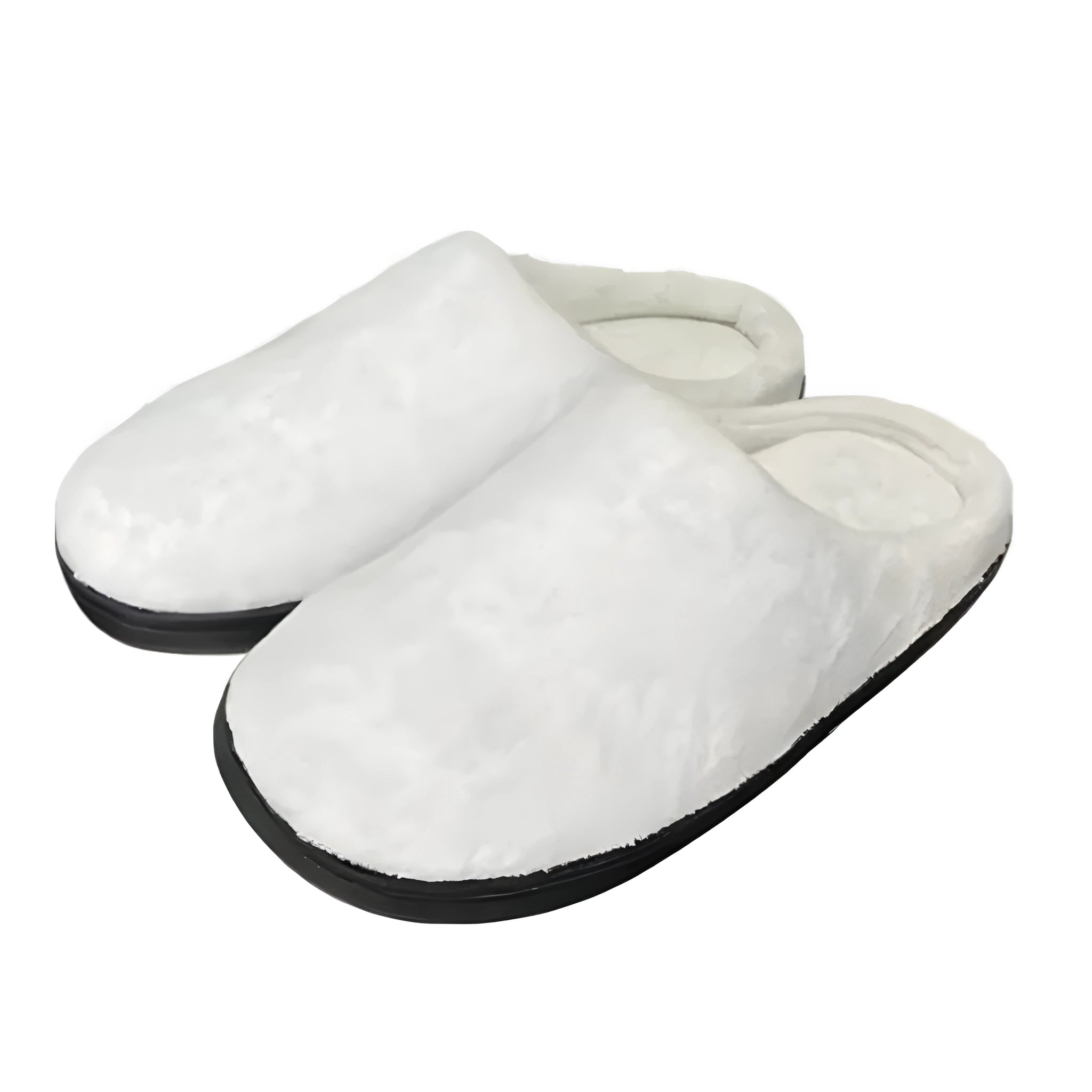 A pair of patterned cotton flannel slippers with TPR rubber soles on a wooden floor.