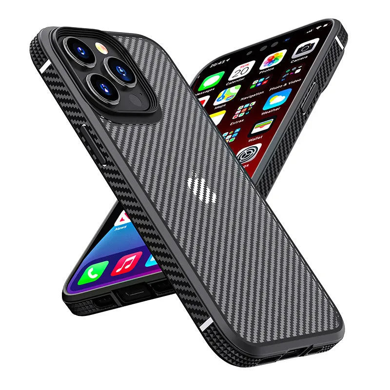 Black iPhone 13 protective case with carbon fibre pattern showing back and side view