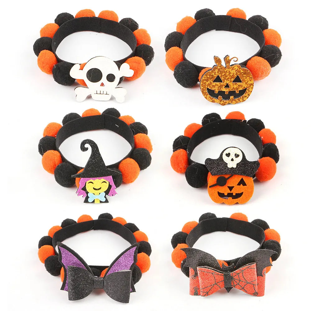 Halloween pet collar with fur ball decorations in pumpkin, bow, skull and witch designs