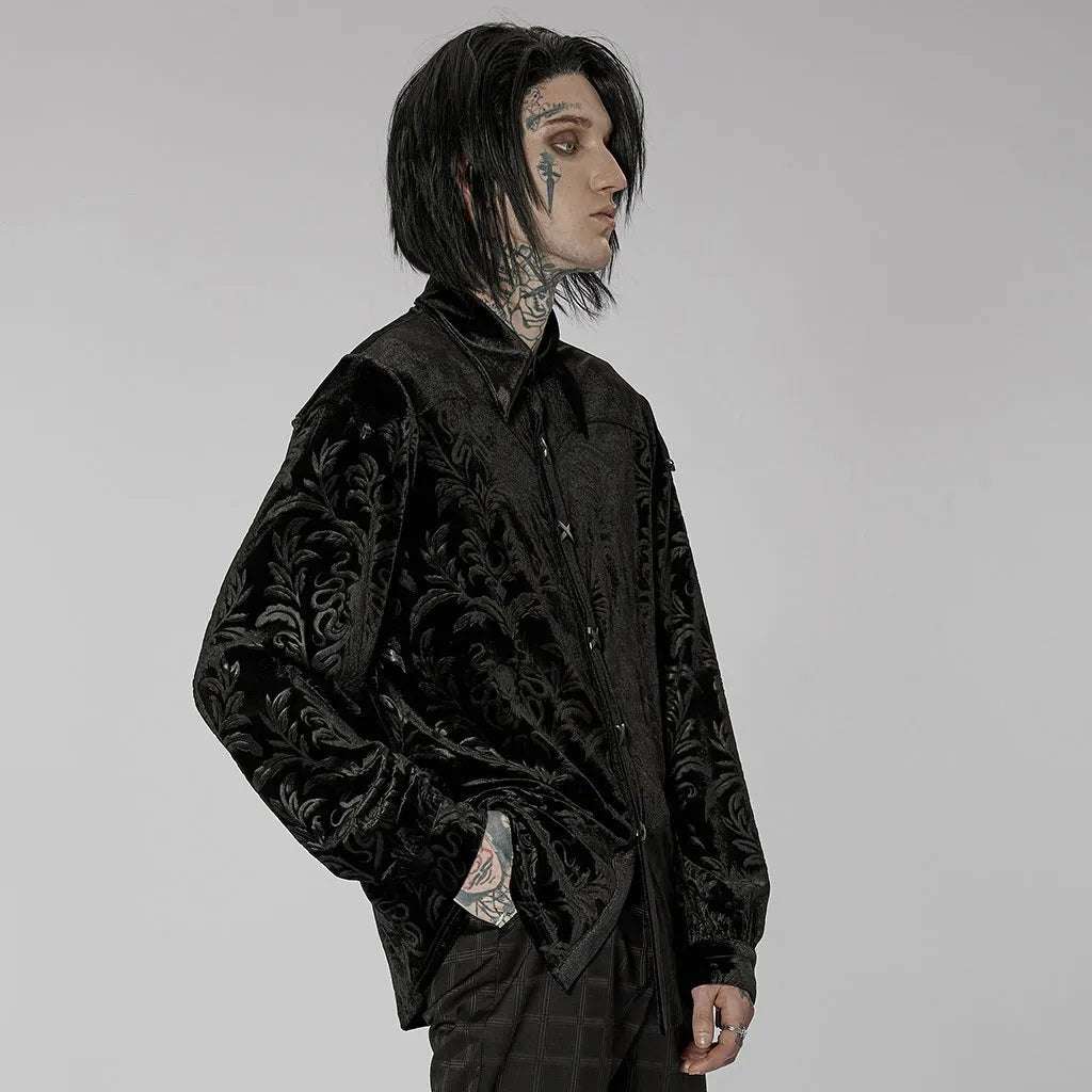 Black velvet men's shirt with pointed collar and decorative flocking details in British preppy style