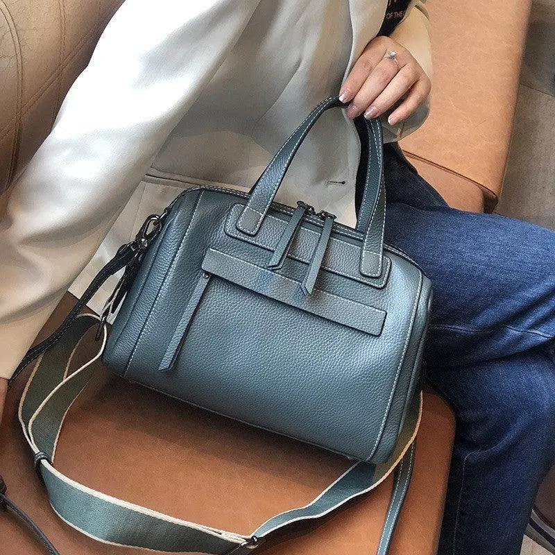 Genuine leather Boston lychee pattern shoulder messenger bag in horizontal square shape with soft handle