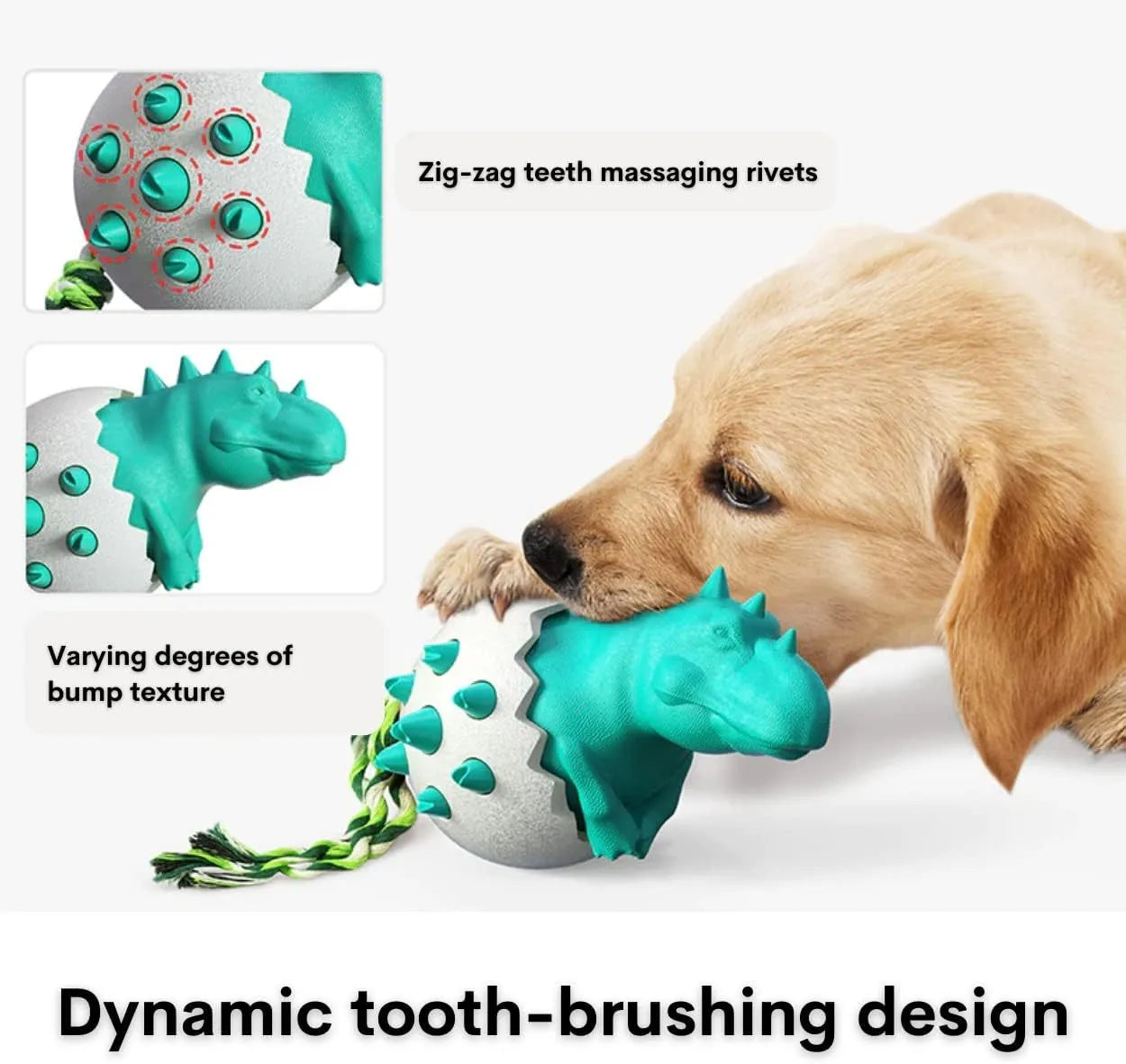 Blue dinosaur-shaped dog chew toy with textured surface and integrated rope.