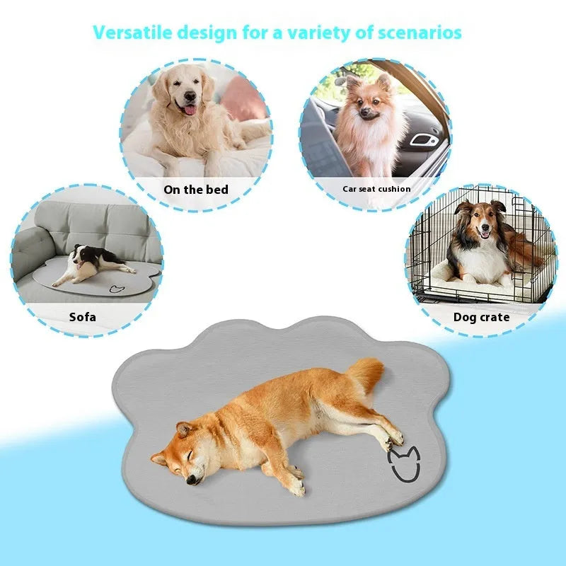 Ice silk dog cooling mat with dog head print, shown in light grey on a wooden floor.