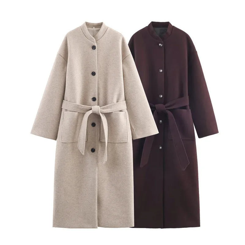 Long belted coat for women in brown or khaki with regular fit, long sleeves and pockets